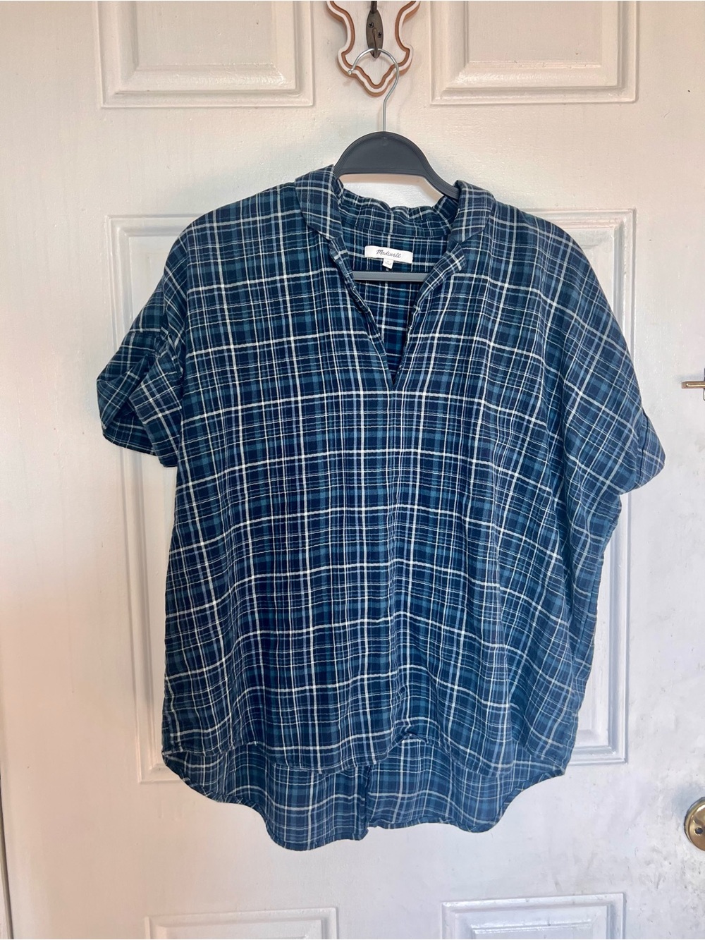 Madewell | Blue Plaid Short Sleeve Popover Shirt